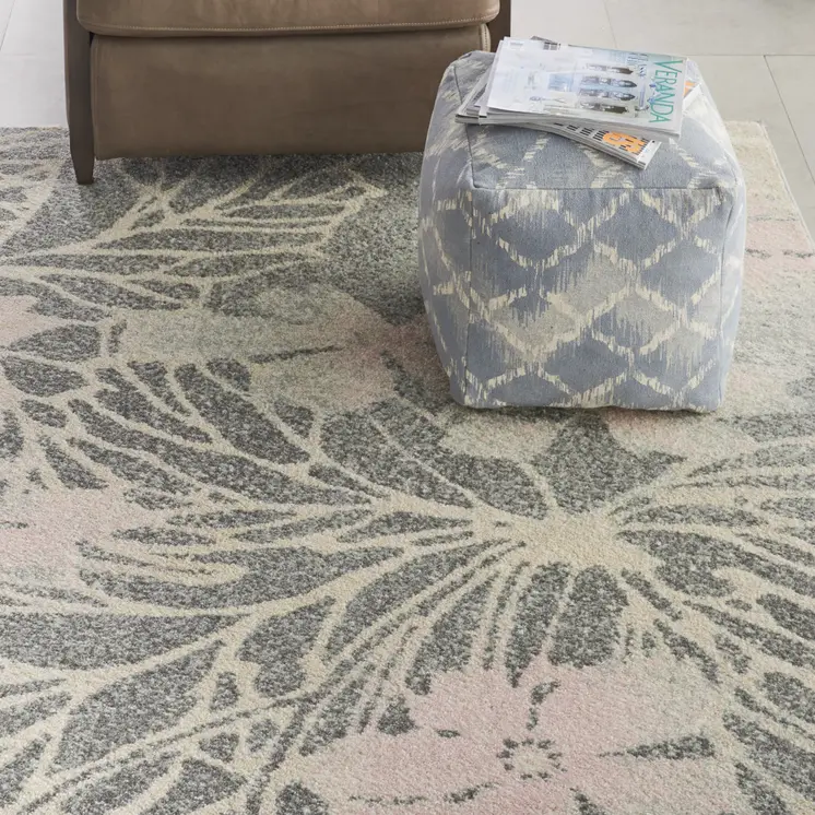 8' X 10' Gray And Pink Floral Area Rug