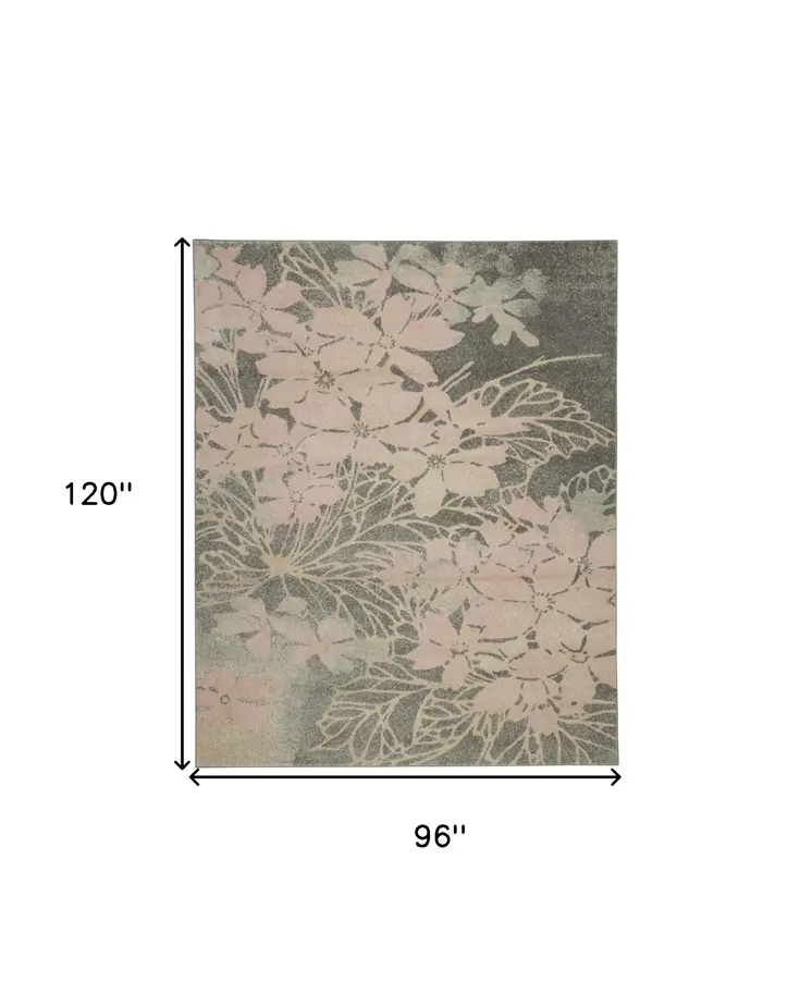 8' X 10' Gray And Pink Floral Area Rug