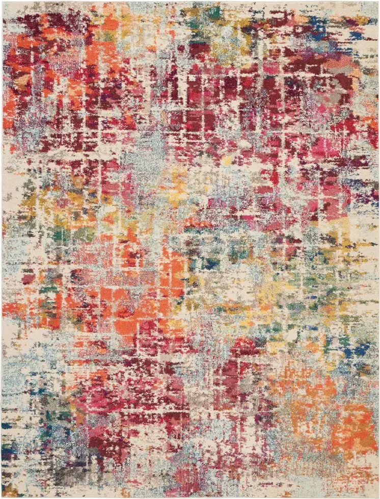 8' X 11' Ivory Pink and Orange Abstract Distressed Non Skid Area Rug