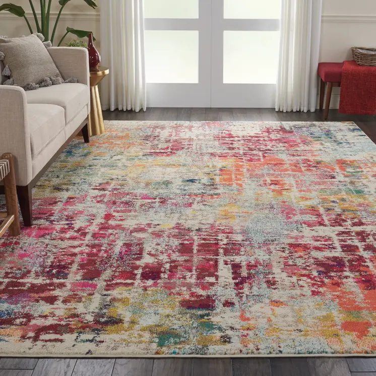 8' X 11' Ivory Pink and Orange Abstract Distressed Non Skid Area Rug