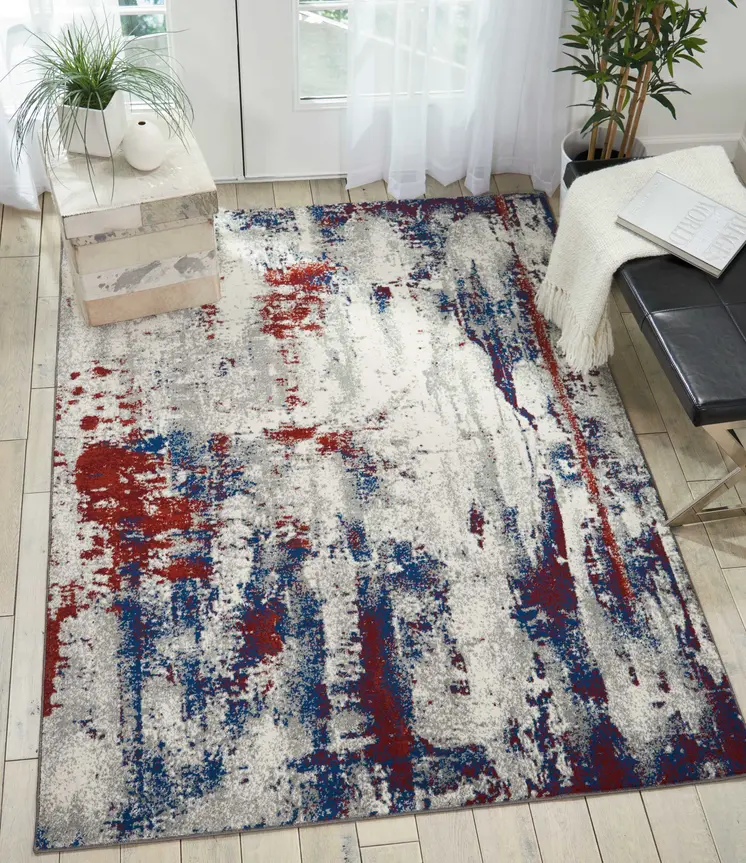 8' X 11' Ivory Red and Blue Abstract Non Skid Area Rug