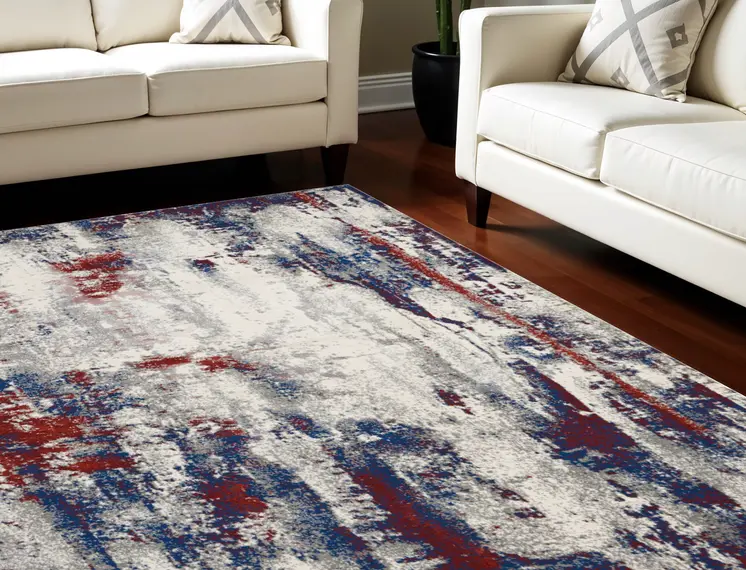 8' X 11' Ivory Red and Blue Abstract Non Skid Area Rug