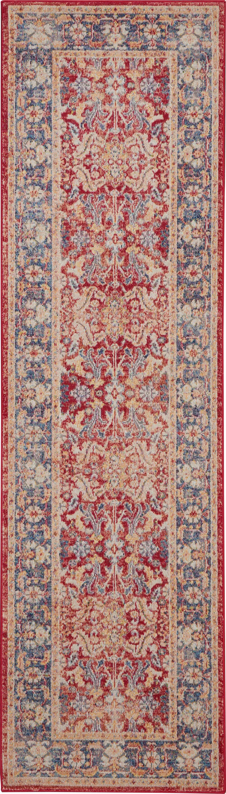 8' Blue and Red Floral Distressed Non Skid Runner Rug