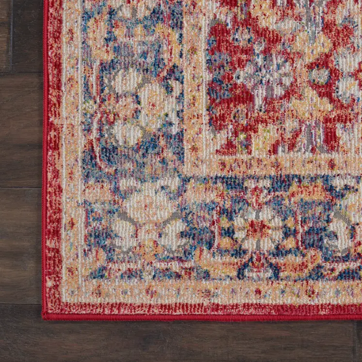 8' Blue and Red Floral Distressed Non Skid Runner Rug