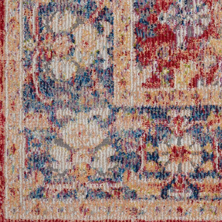 8' Blue and Red Floral Distressed Non Skid Runner Rug