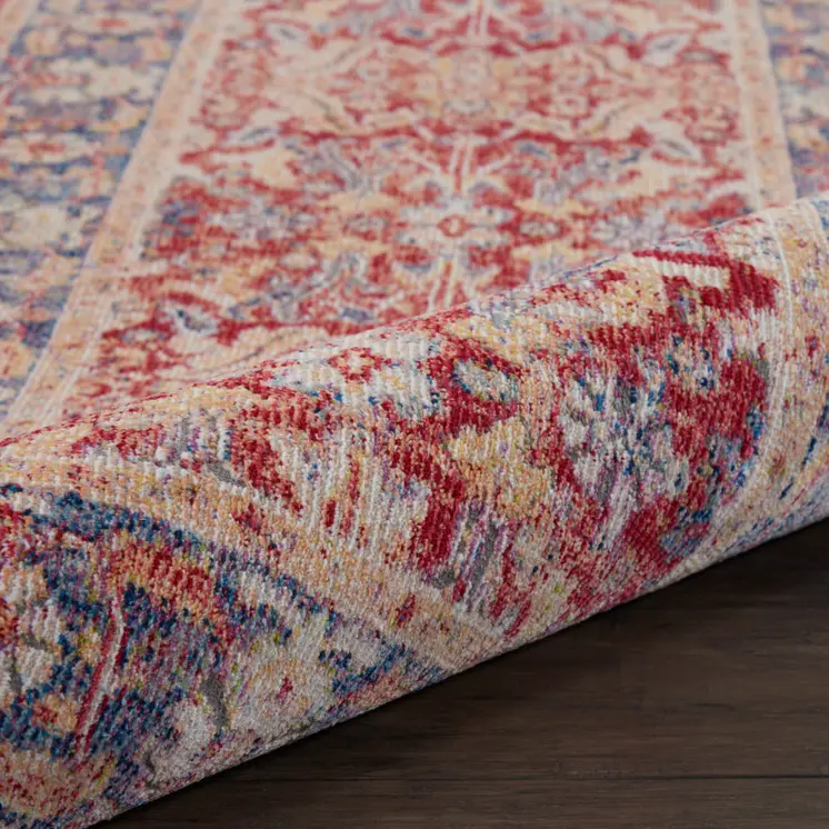 8' Blue and Red Floral Distressed Non Skid Runner Rug
