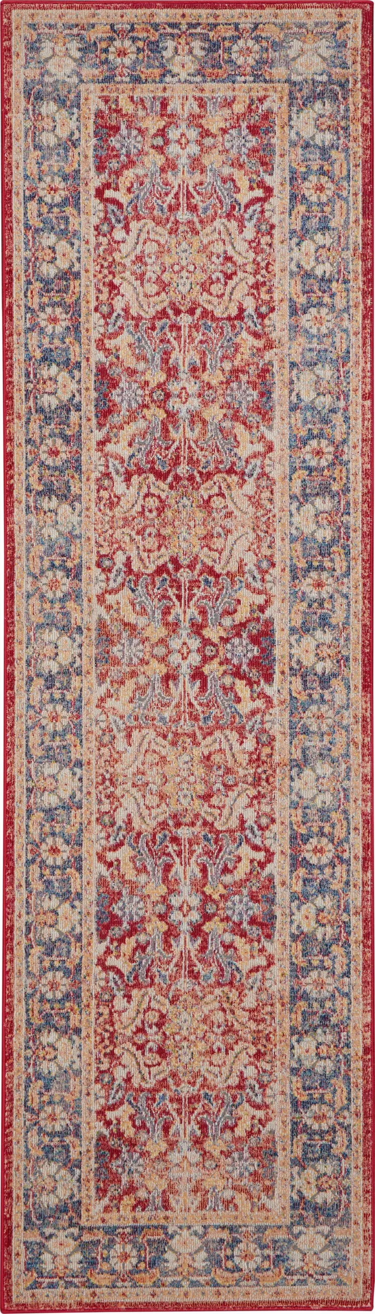 8' Blue and Red Floral Distressed Non Skid Runner Rug