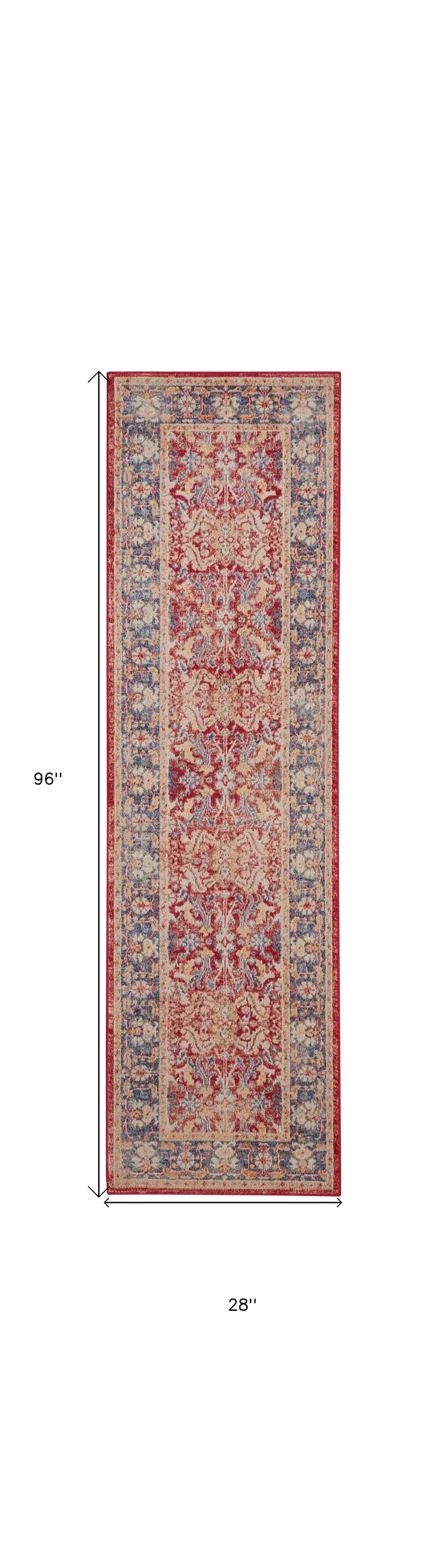 8' Blue and Red Floral Distressed Non Skid Runner Rug