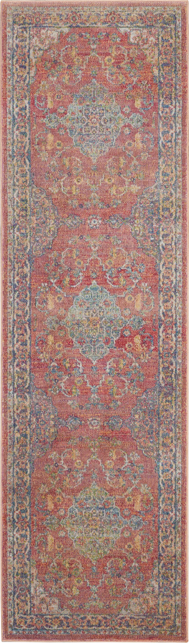 8' Blue and Red Floral Medallion Distressed Non Skid Runner Rug
