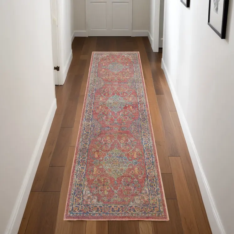8' Blue and Red Floral Medallion Distressed Non Skid Runner Rug