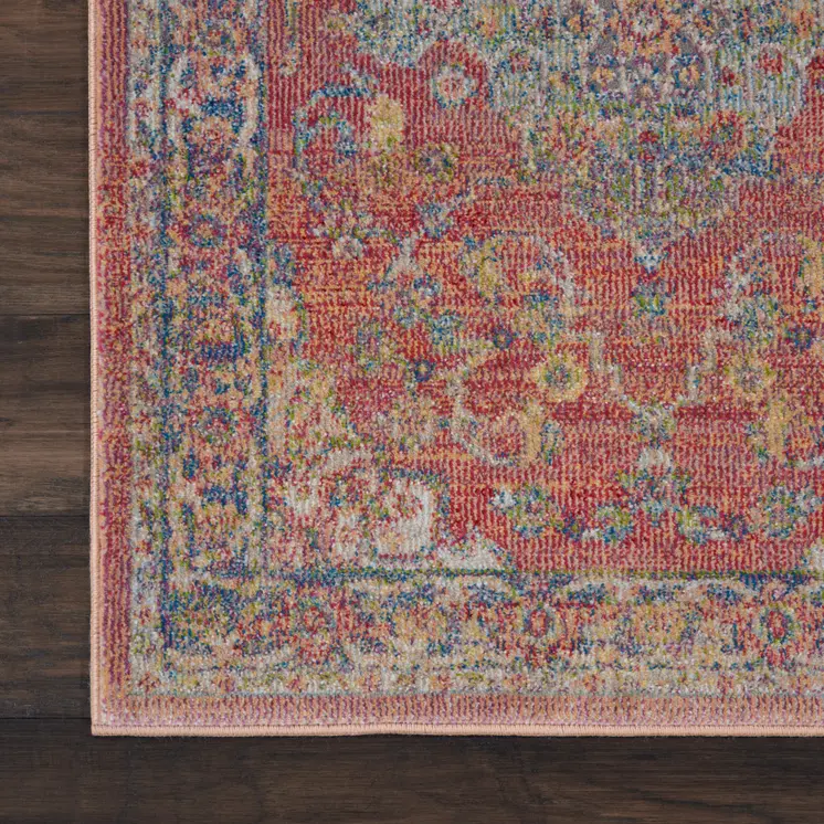 8' Blue and Red Floral Medallion Distressed Non Skid Runner Rug