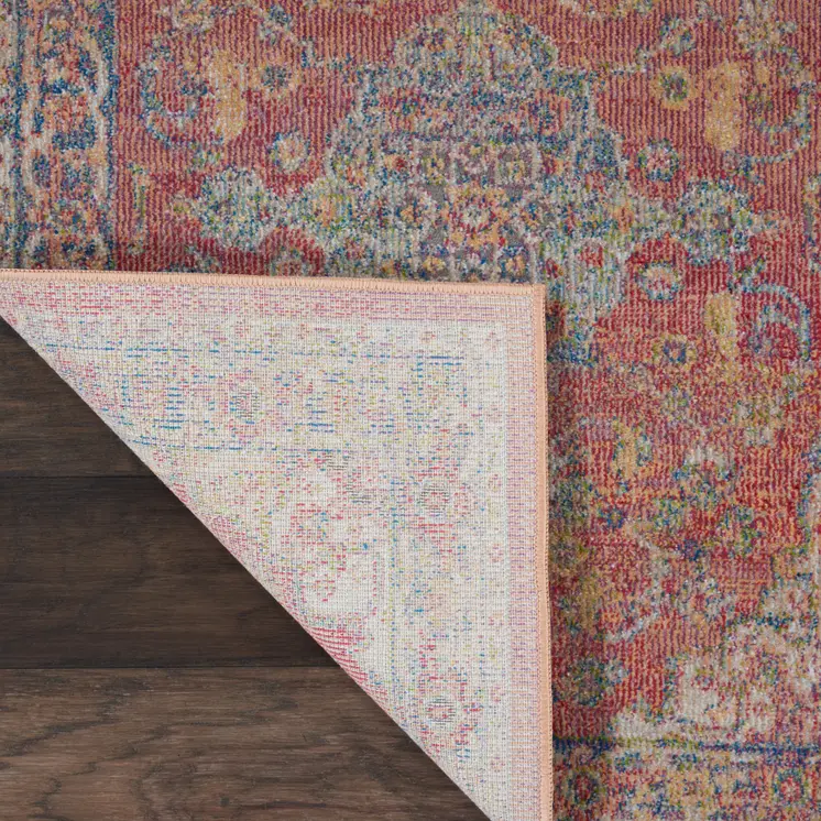 8' Blue and Red Floral Medallion Distressed Non Skid Runner Rug
