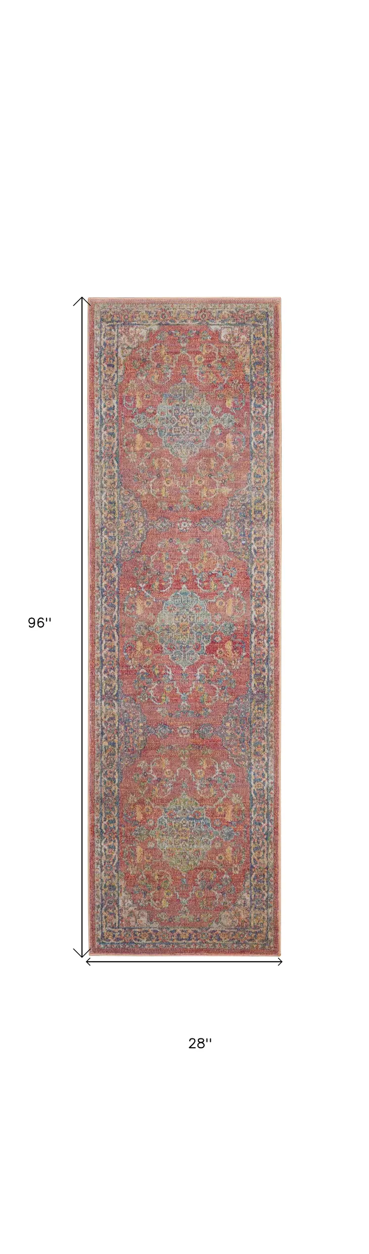 8' Blue and Red Floral Medallion Distressed Non Skid Runner Rug