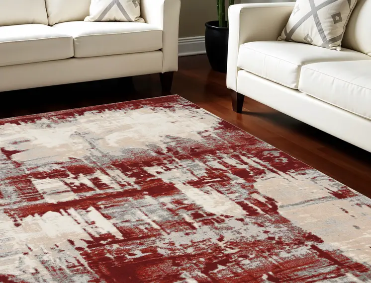 8' X 11' Ivory Red and Gray Abstract Non Skid Area Rug