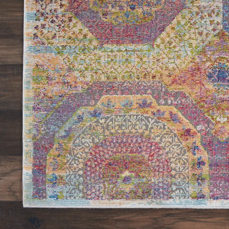 5' X 8' Blue Red and Orange Geometric Distressed Non Skid Area Rug