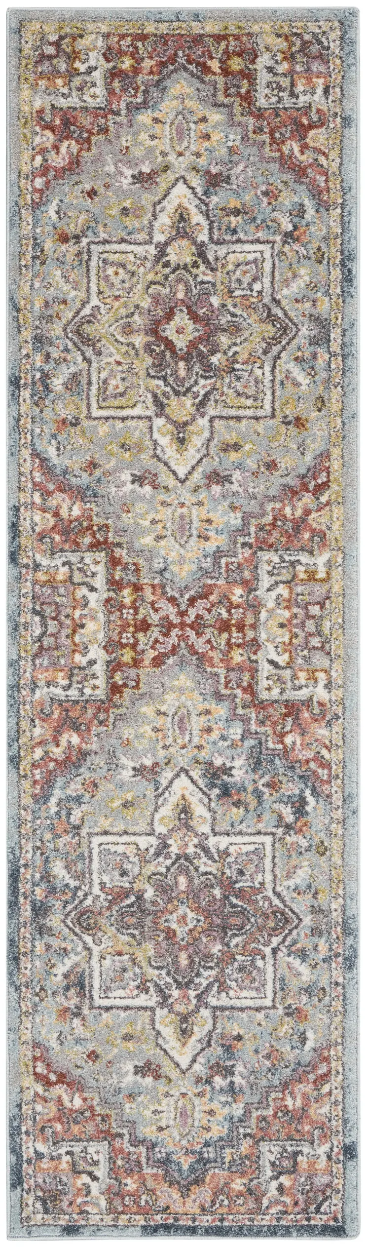 8' Blue and Red Floral Distressed Runner Rug