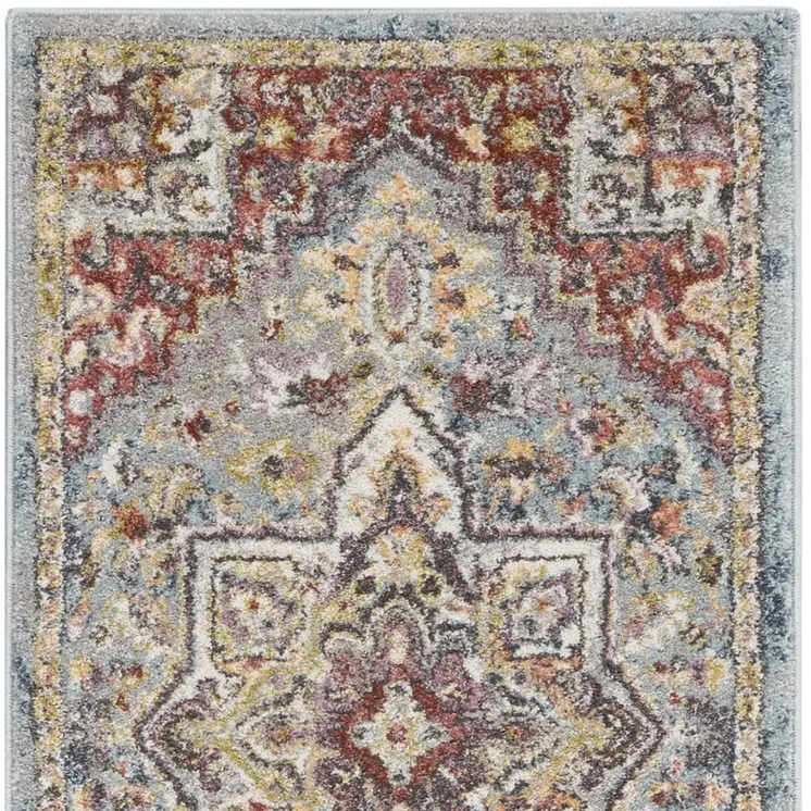 8' Blue and Red Floral Distressed Runner Rug