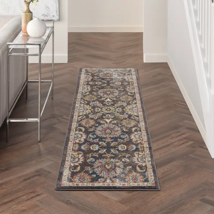 8' Charcoal Brown and Yellow Floral Distressed Runner Rug