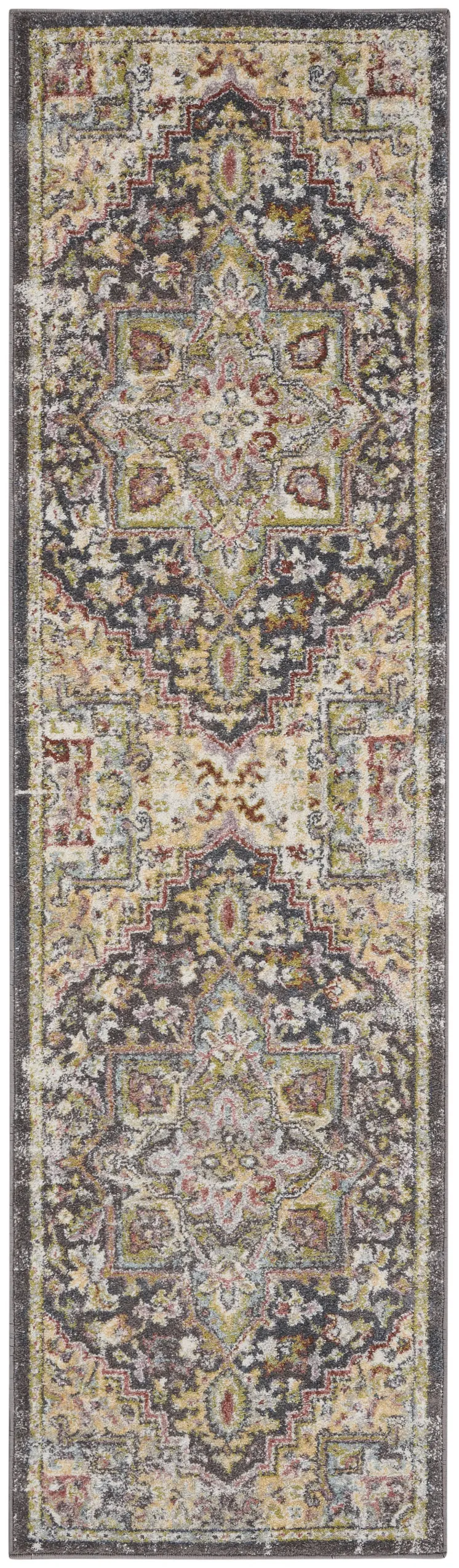 8' Charcoal Brown and Yellow Floral Distressed Runner Rug