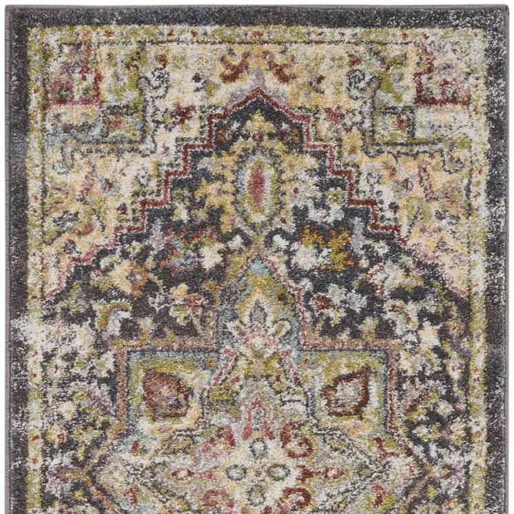 8' Charcoal Brown and Yellow Floral Distressed Runner Rug