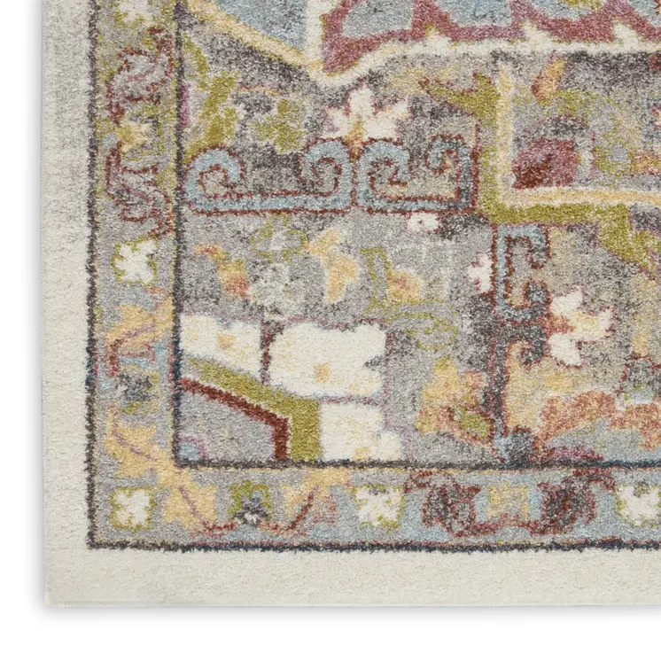 8' Ivory Green and Gray Floral Runner Rug