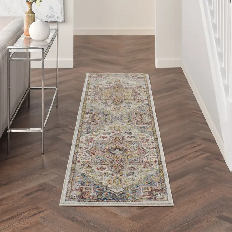 8' Ivory Green and Gray Floral Runner Rug
