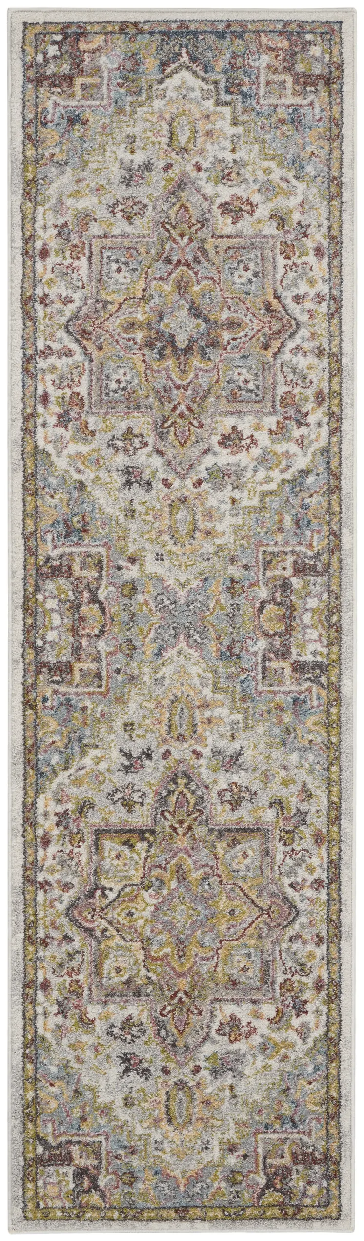 8' Ivory Green and Gray Floral Runner Rug