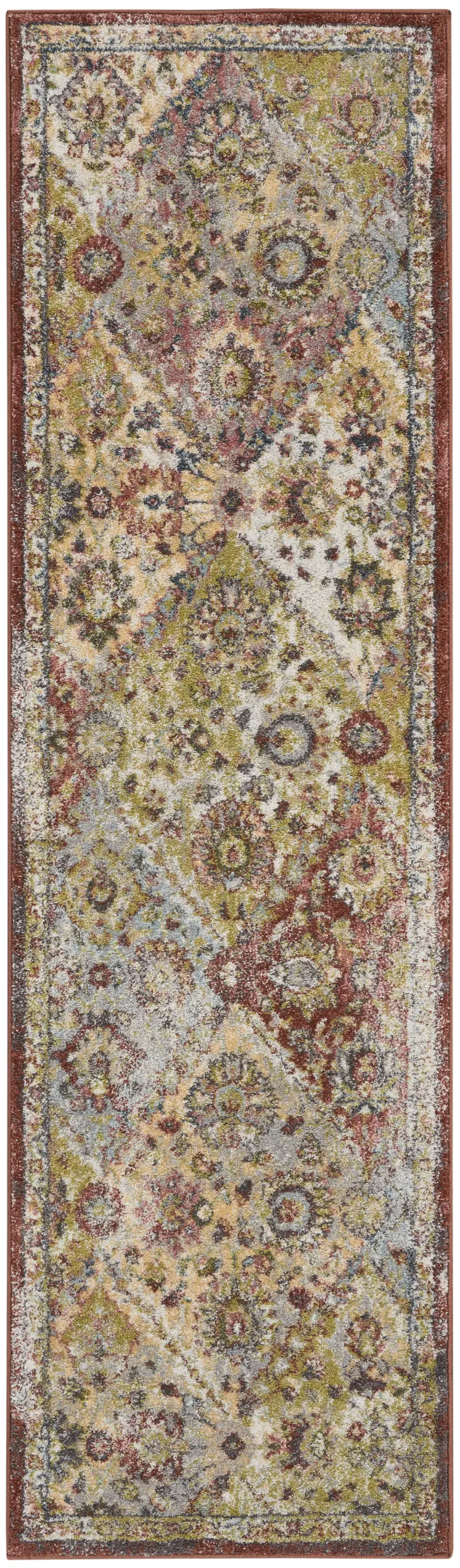 8' Green and Ivory Floral Distressed Runner Rug