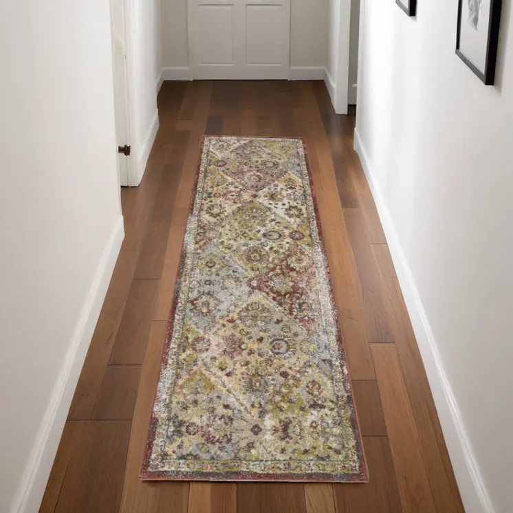8' Green and Ivory Floral Distressed Runner Rug