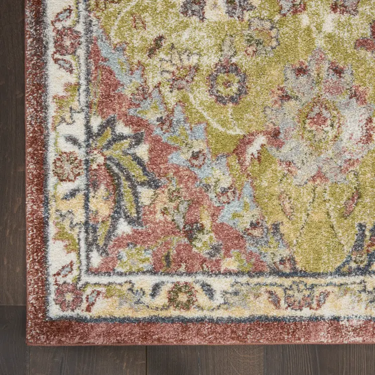 8' Green and Ivory Floral Distressed Runner Rug