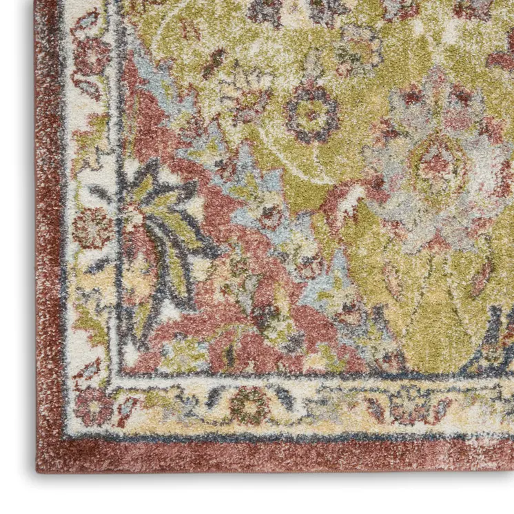 8' Green and Ivory Floral Distressed Runner Rug