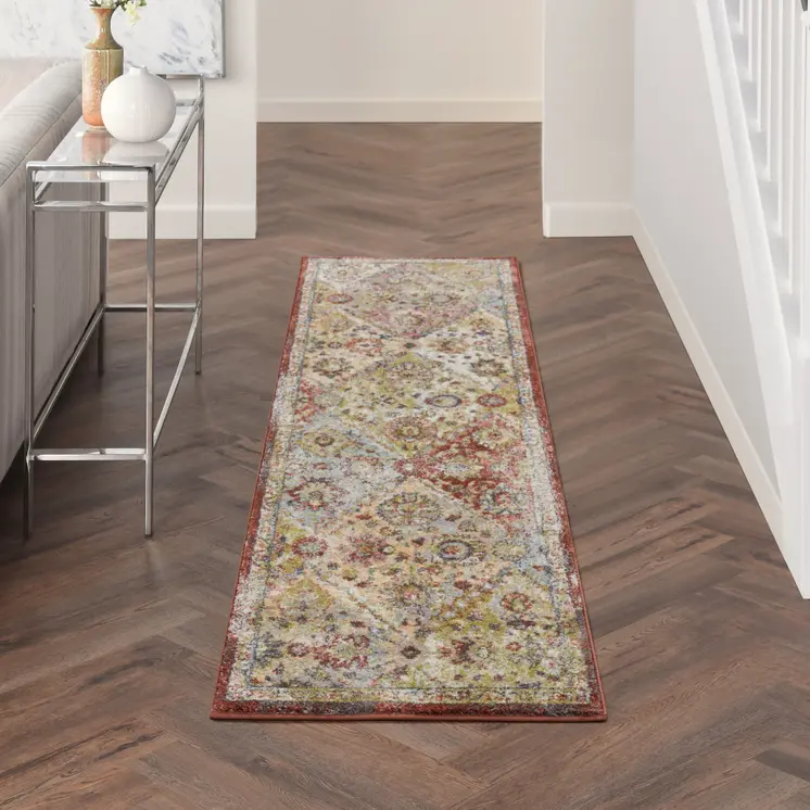 8' Green and Ivory Floral Distressed Runner Rug