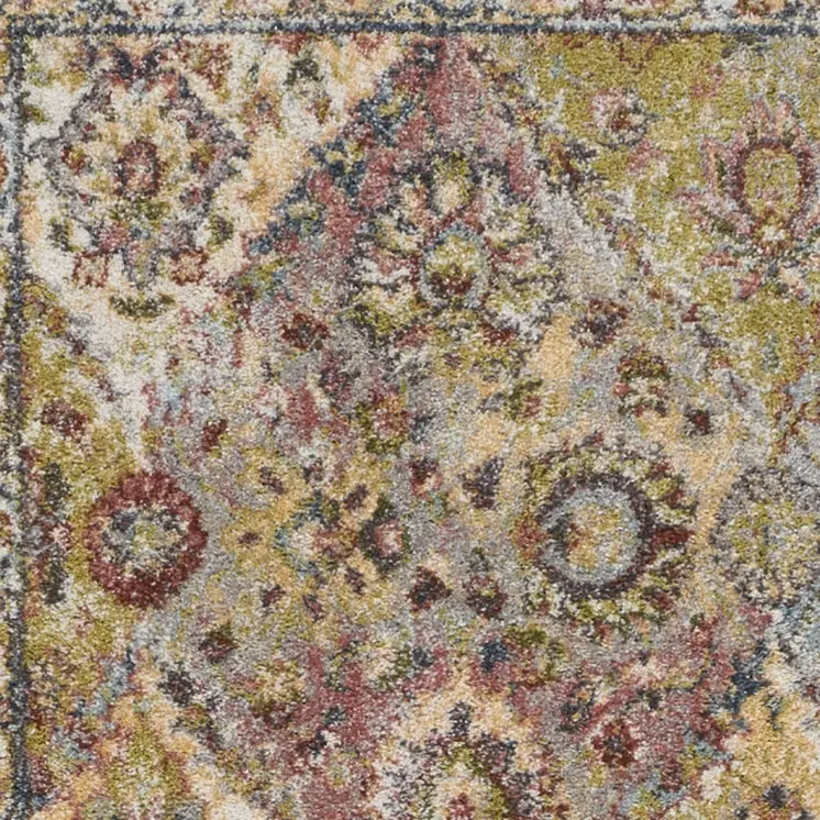 8' Green and Ivory Floral Distressed Runner Rug