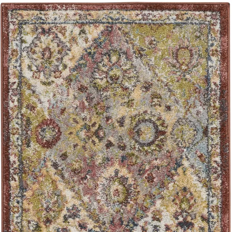 8' Green and Ivory Floral Distressed Runner Rug
