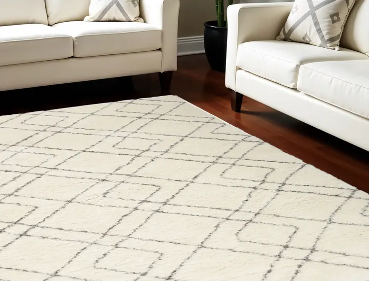 7' X 9' Ivory and Gray Geometric Shag Area Rug