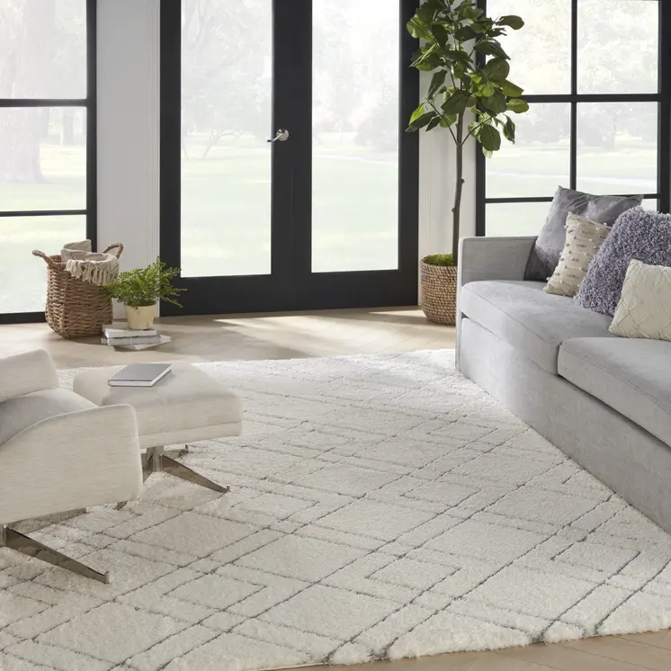 7' X 9' Ivory and Gray Geometric Shag Area Rug