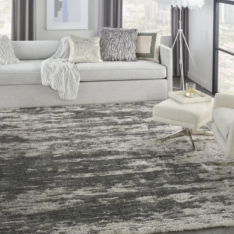 8' X 10' Charcoal and Ivory Abstract Shag Area Rug