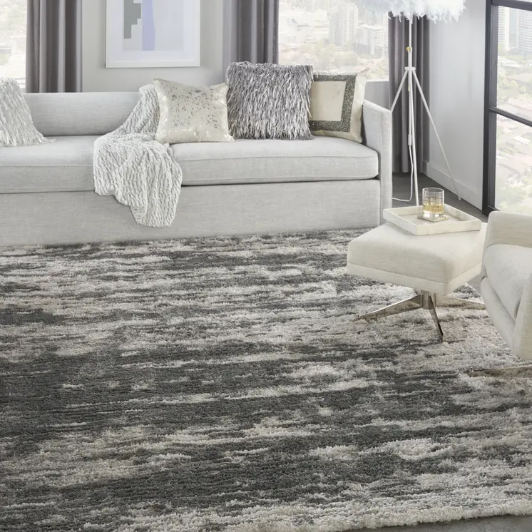 8' X 10' Charcoal and Ivory Abstract Shag Area Rug