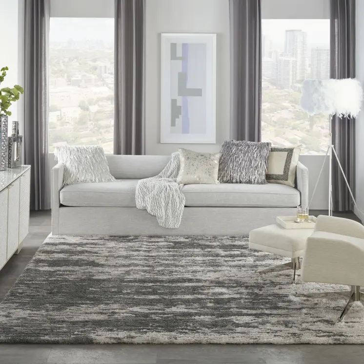 8' X 10' Charcoal and Ivory Abstract Shag Area Rug