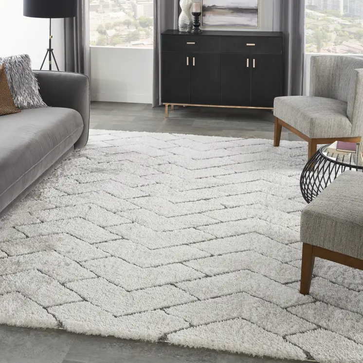 8' X 10' Ivory and Gray Chevron Shag Area Rug