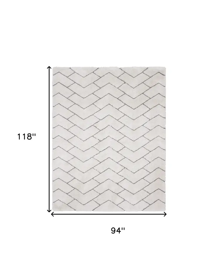 8' X 10' Ivory and Gray Chevron Shag Area Rug