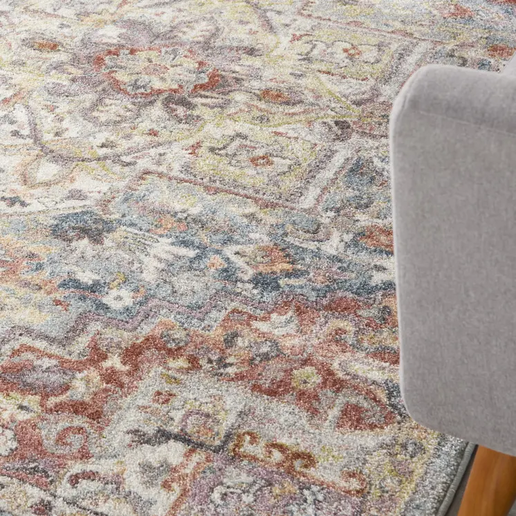 5' X 7' Blue and Red Floral Distressed Area Rug