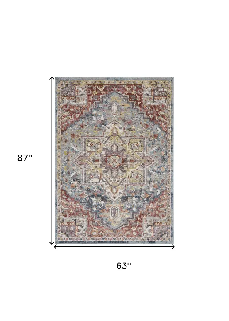 5' X 7' Blue and Red Floral Distressed Area Rug