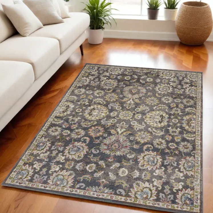 5' X 7' Charcoal Brown and Yellow Floral Distressed Area Rug