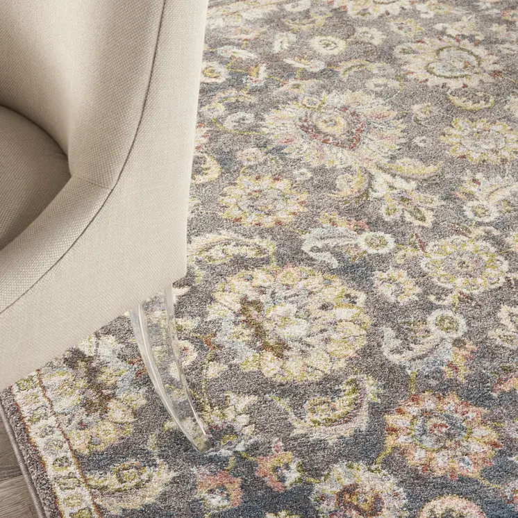 5' X 7' Charcoal Brown and Yellow Floral Distressed Area Rug