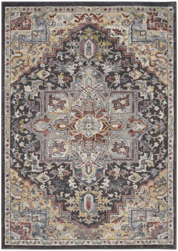 5' X 7' Charcoal Brown and Yellow Floral Medallion Distressed Area Rug