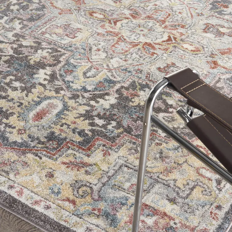 5' X 7' Charcoal Brown and Yellow Floral Medallion Distressed Area Rug