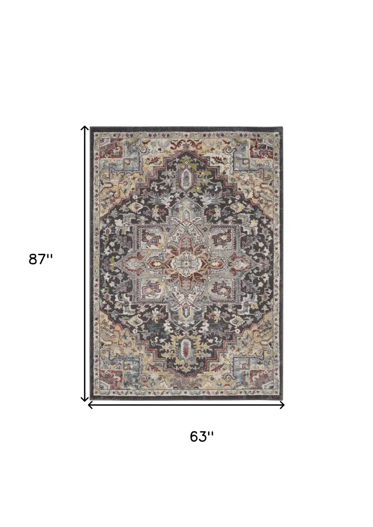 5' X 7' Charcoal Brown and Yellow Floral Medallion Distressed Area Rug