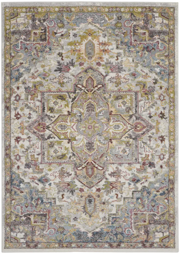 5' X 7' Ivory Green and Gray Floral Medallion Area Rug