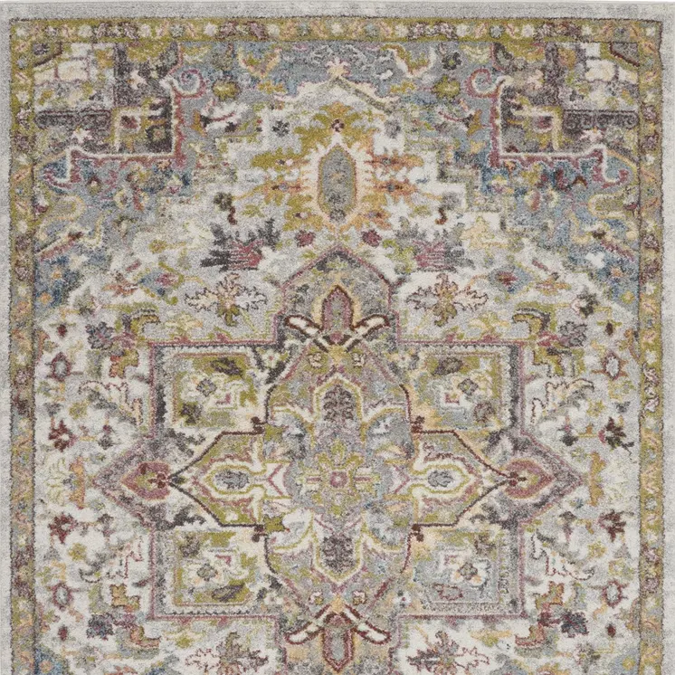5' X 7' Ivory Green and Gray Floral Medallion Area Rug